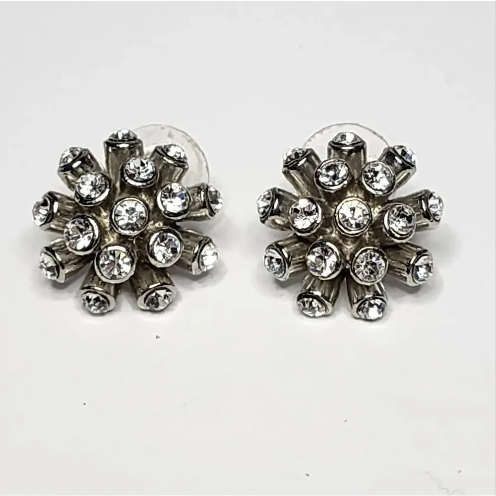 Vintage J. Crew Round White/Clear Crystal Flower Earrings